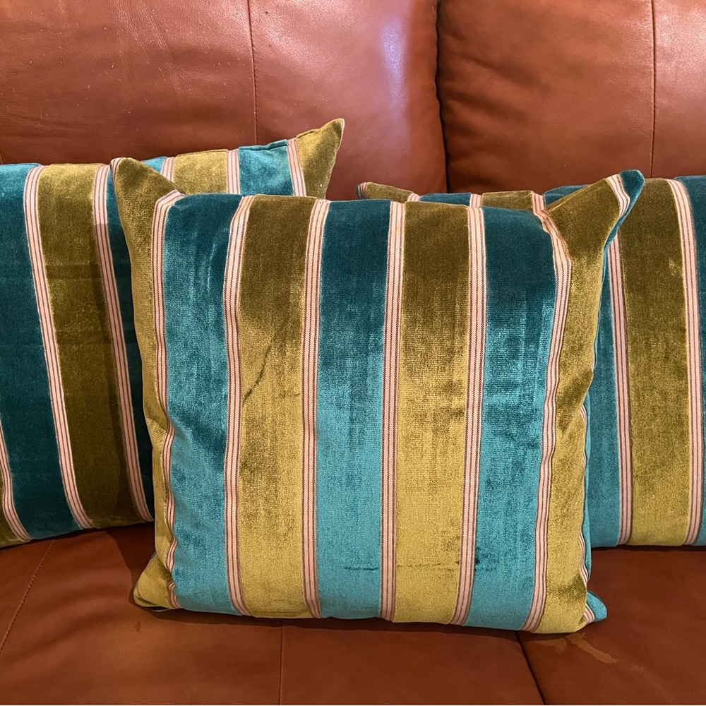 Pier 1 Green and Blue Accent Pillow with Striking Stripes, 17” square. - Picture 5 of 6